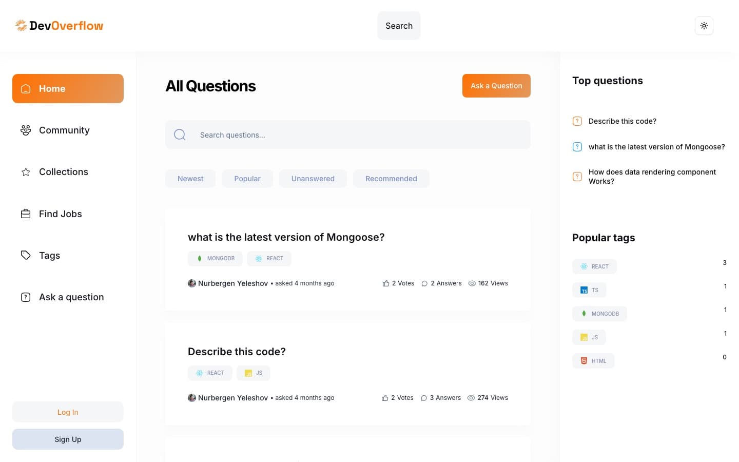 Скриншот сайта: DevOverflow — Q&A платформа для разработчиков